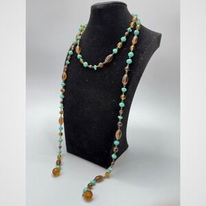 Vintage Glass Lariat Necklace 47" Flapper Extra Long Linked Beads Crystal Ends
